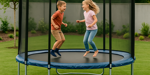 Kinder hüpfen in einem Trampolin in einem neu angelegten Garten