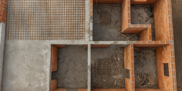 Rohbau aus Vogelperspektive mit Ziegelwand, Betondecke und Armierungsmatten