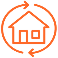Oranges Icon, das ein Haus umgeben von Pfeilen zeigt