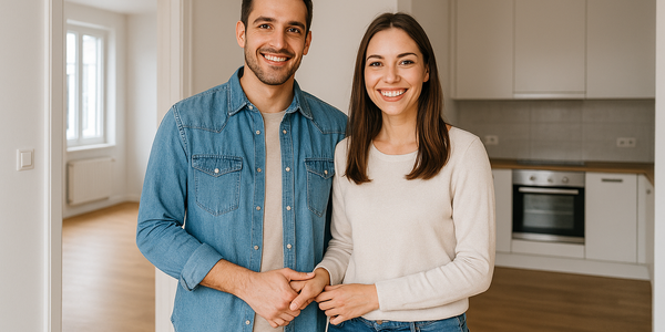 Ein Pärchen steht glücklich in sanierter und noch leerer Wohnung