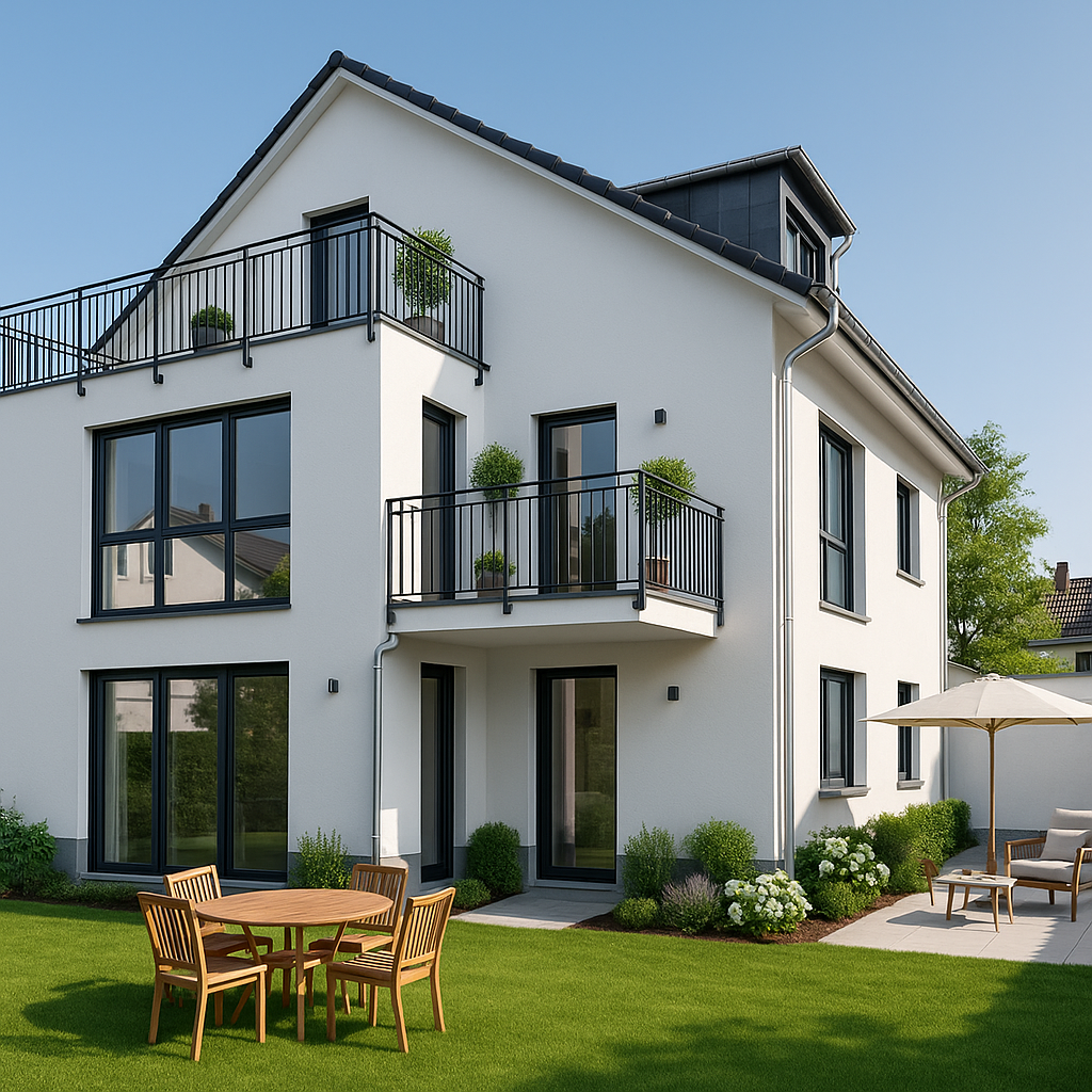 Haus nach Fertigstellung mit Garten und sommerlicher Terrasse