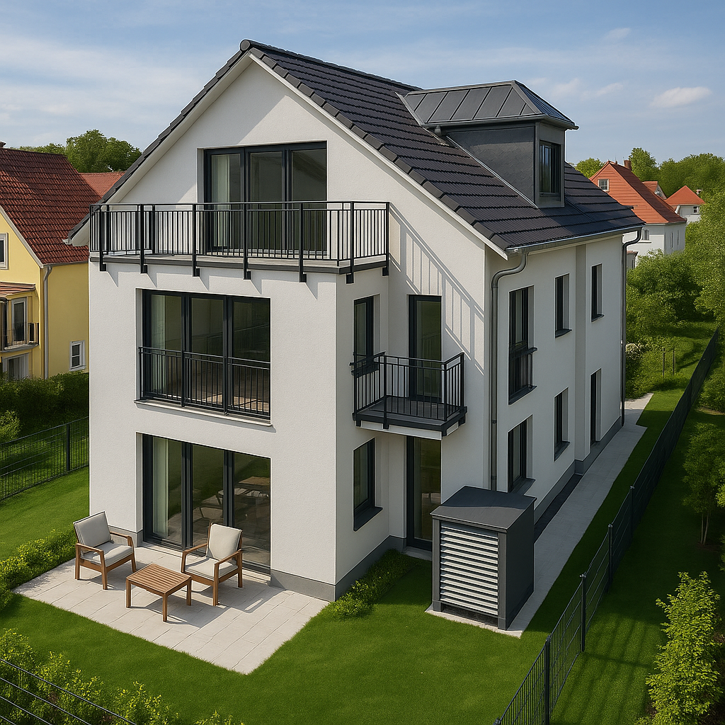 Haus nach Fertigstellung mit Garten und sommerlicher Terrasse