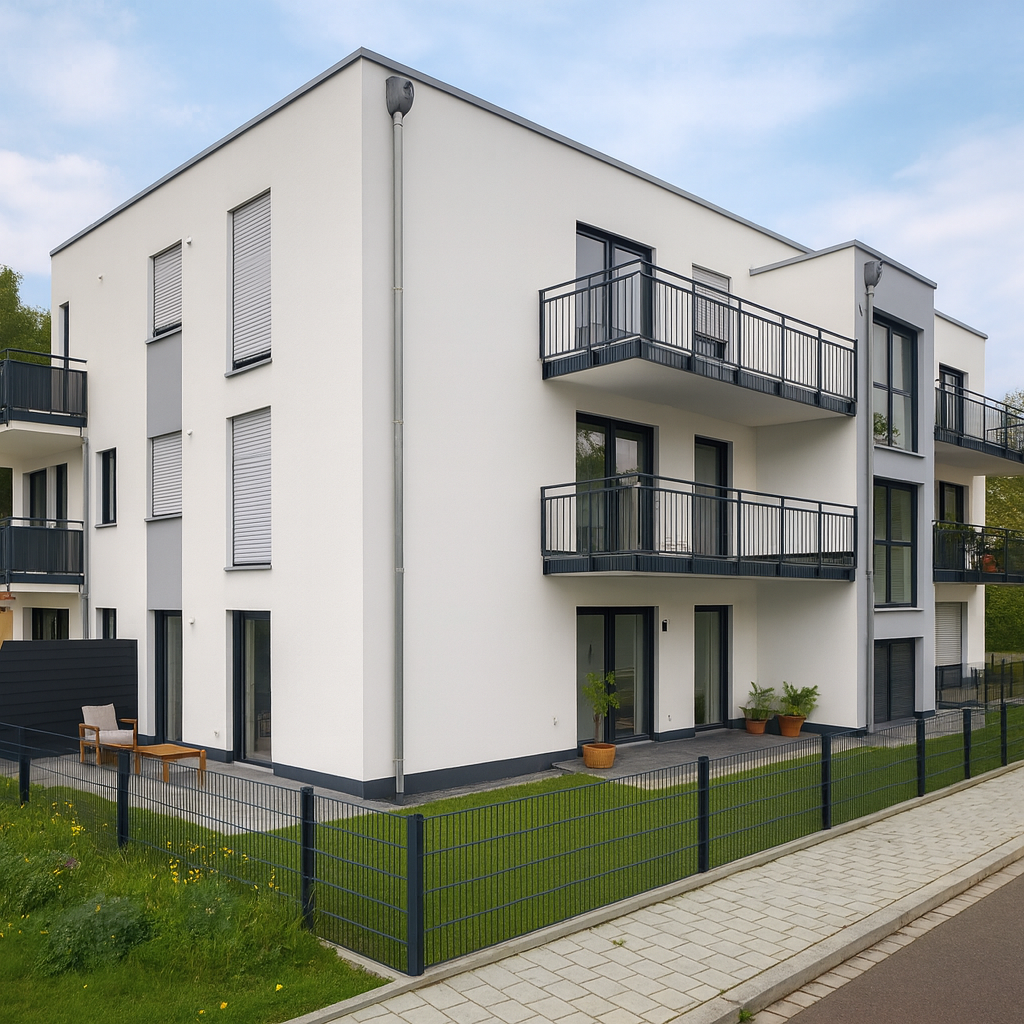 Haus nach Fertigstellung mit Garten und sommerlicher Terrasse