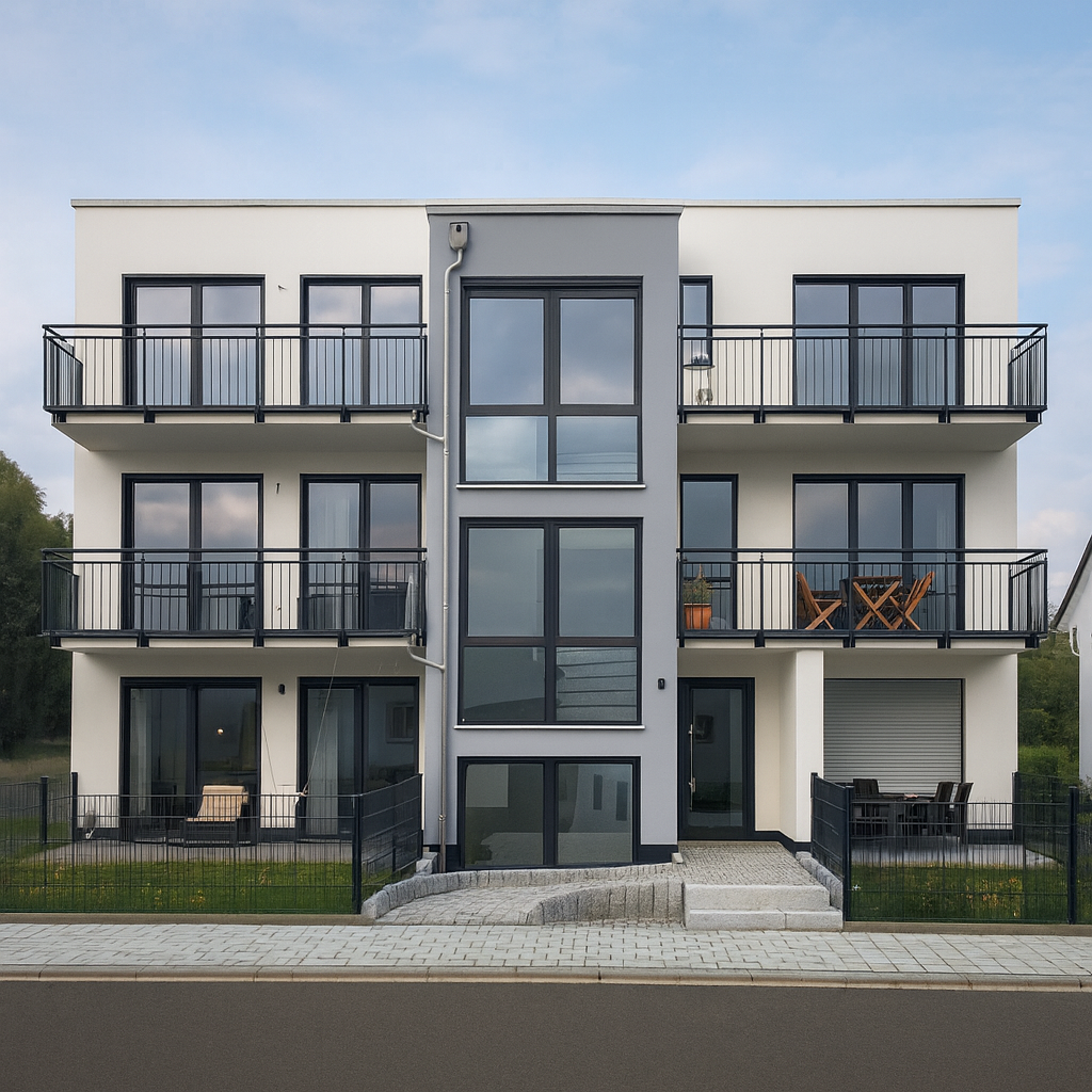 Haus nach Fertigstellung mit Garten und Hauszugang